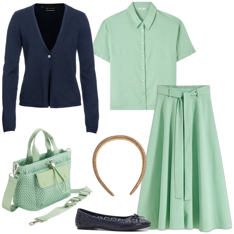 Outfit donna - Verde menta. Stile Vintage retrò per Tutti i giorni. Abbinamento con gonne lunghe, ballerine, cardigans, camicie a manica corta, cerchietti, borse a mano.