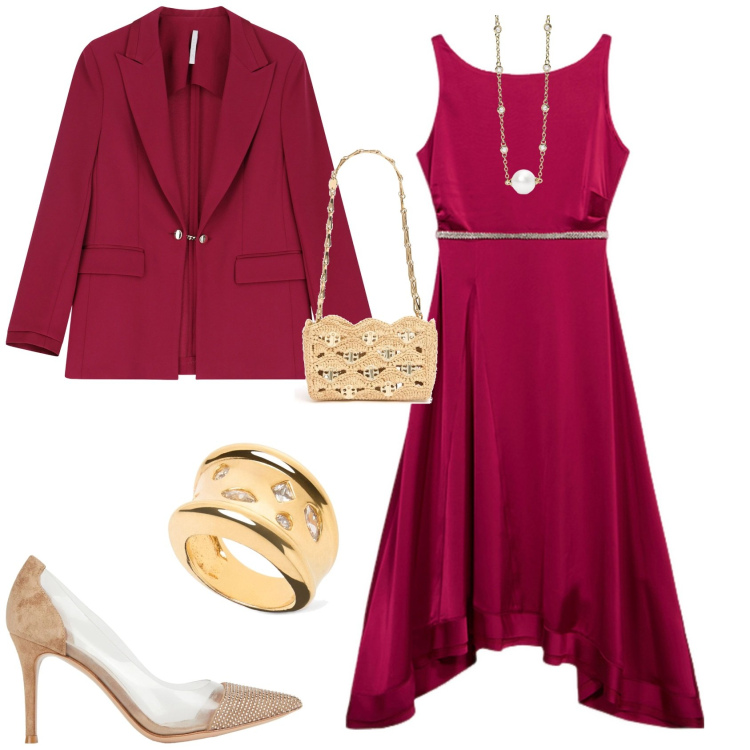 Outfit donna - Evento serata glamour cerimonia. Stile Chic per Serata fuori. Abbinamento con décolleté, collane, blazer, anelli, borse a spalla, vestiti lunghi.
