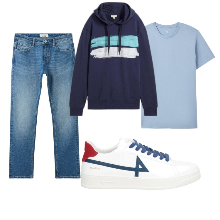 Outfit uomo - Total look #2114923. Stile Casual per Tutti i giorni. Abbinamento con felpe con cappuccio, sneakers, jeans, t-shirt.