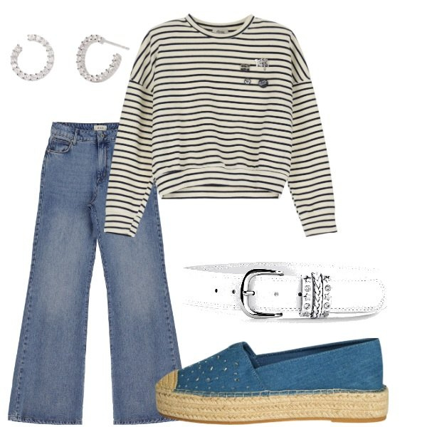 Outfit donna - Colori di Aprile. Stile Casual per Tutti i giorni. Abbinamento con cinture, espadrillas, orecchini, jeans, felpe.