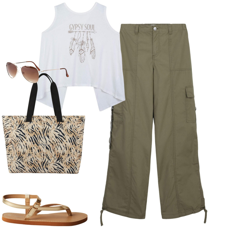 Outfit donna - I cargo verde militare. Stile Casual per Tutti i giorni. Abbinamento con occhiali da sole, pantaloni cargo, canottiere, ciabatte, shopping bag.