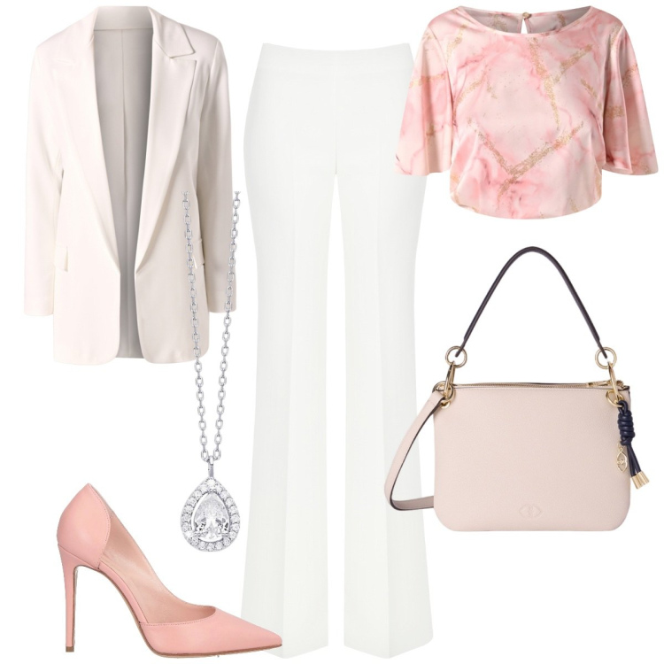 Outfit donna - Total look #2114943. Stile Chic per Cerimonia. Abbinamento con décolleté, collane, blazer, bluse, pantaloni a palazzo, borse a tracolla.