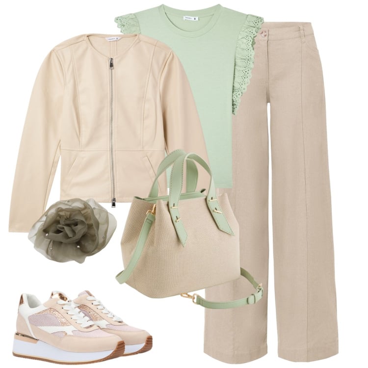 Outfit donna - City. Stile Urban per Tutti i giorni. Abbinamento con pantaloni a palazzo, t-shirt, blazer, foulard, sneakers, borse a mano.