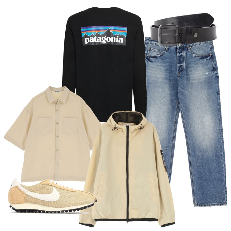 Outfit uomo - Layering di Primavera. Stile Casual per Tutti i giorni. Abbinamento con jeans, giacche, cinture, camicie a manica corta, sneakers, t-shirt.
