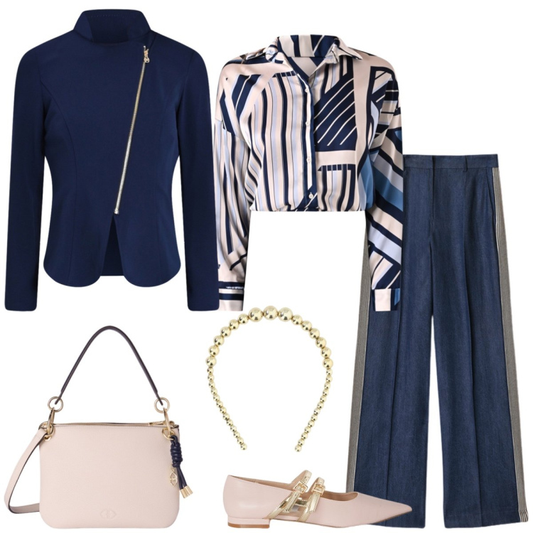 Outfit donna - Geometrie. Stile Casual chic per Tutti i giorni. Abbinamento con blazer, camicie, cerchietti, pantaloni, ballerine, borse a tracolla.