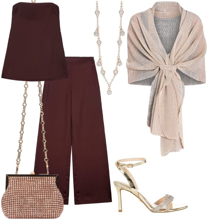 Outfit donna - Completo melanzana. Stile Chic per Cerimonia. Abbinamento con collane, stole, sandali col tacco, top, pantaloni a palazzo, clutch.