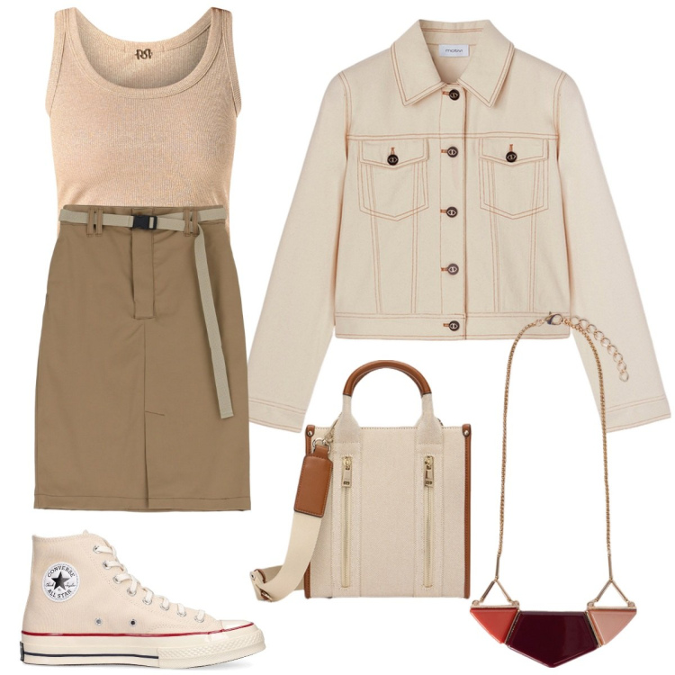 Outfit donna - Occasioni primaverili. Stile Chic per Tutti i giorni. Abbinamento con canottiere, gonne, blazer, sneakers, ciondoli, borse tote.