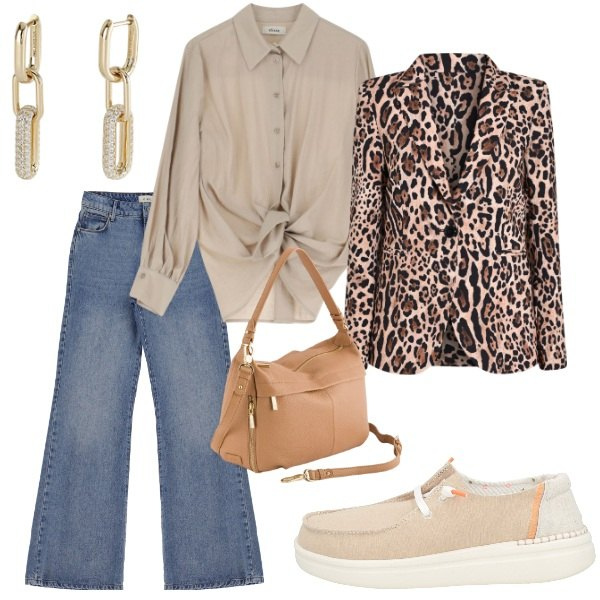 Outfit donna - A spasso per la città. Stile Casual per Serata fuori. Abbinamento con scarpe stringate, jeans, camicie, orecchini, blazer, borse a tracolla.