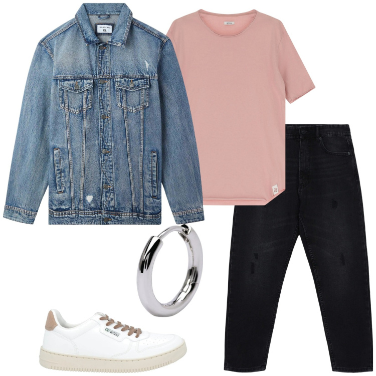 Outfit uomo - Un tipo cool. Stile Trendy per Tutti i giorni. Abbinamento con sneakers, giacche, jeans strappati, orecchini, t-shirt.