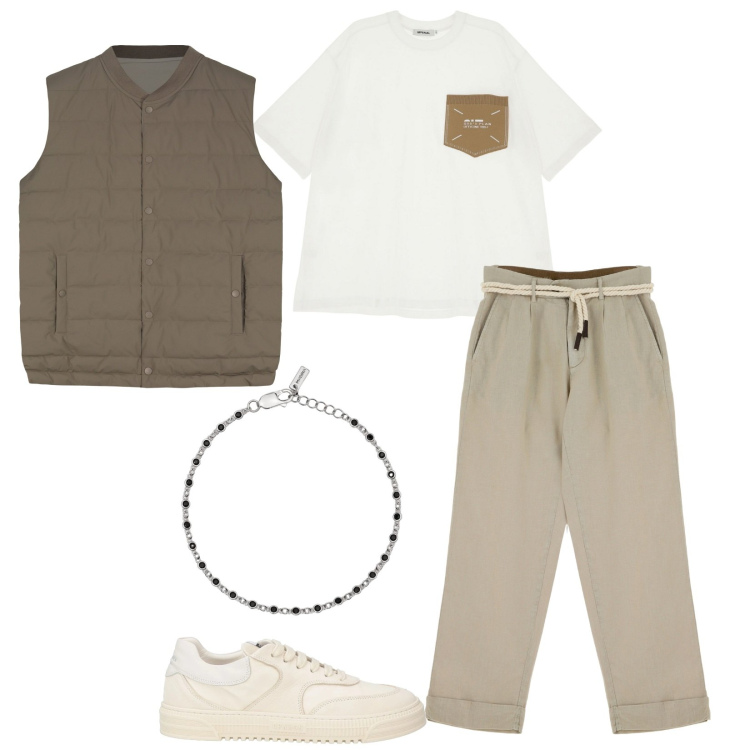 Outfit uomo - Total look #2114982. Stile Casual per Tutti i giorni. Abbinamento con sneakers, braccialetti, t-shirt, pantaloni chino, gilet.