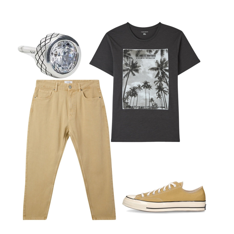 Outfit uomo - Total look. Stile Casual per Tutti i giorni. Abbinamento con t-shirt, pantaloni, orecchini, sneakers.
