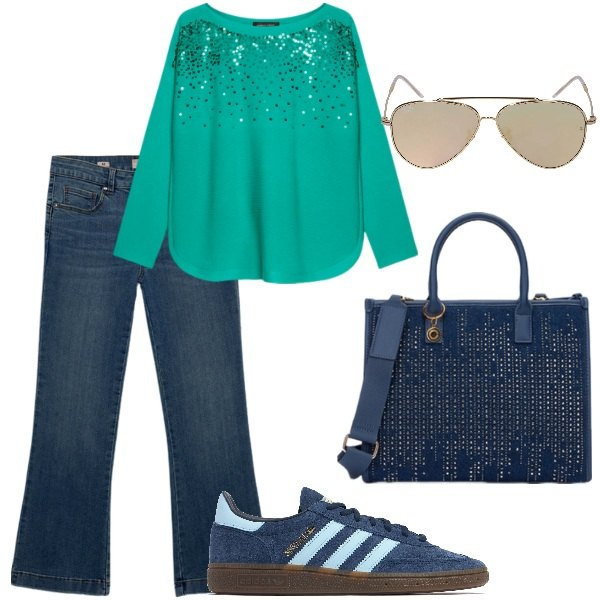 Outfit donna - A spasso per la città. Stile Casual per Tutti i giorni. Abbinamento con felpe, jeans, occhiali da sole, sneakers, borse a mano.