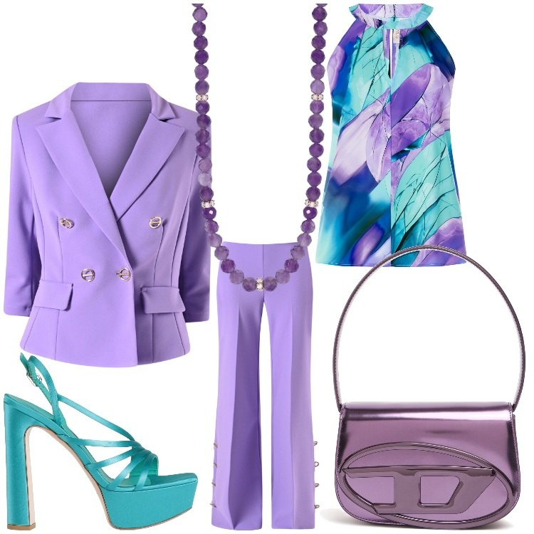 Outfit donna - Alla cerimonia. Stile Chic per Cerimonia. Abbinamento con sandali in pelle, top, pantaloni a palazzo, blazer, collane, borse a spalla.