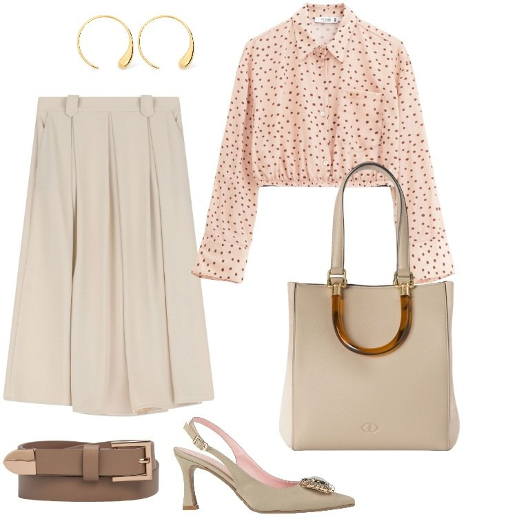 Outfit donna - Rosa, ghiaccio, marrone. Stile Bon Ton per Ufficio. Abbinamento con décolleté, camicie, gonne longuette, cinture, orecchini, shopping bag.