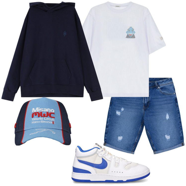 Outfit uomo - Ok così. Stile Casual per Tutti i giorni. Abbinamento con bermuda, cappelli, felpe con cappuccio, t-shirt, sneakers.