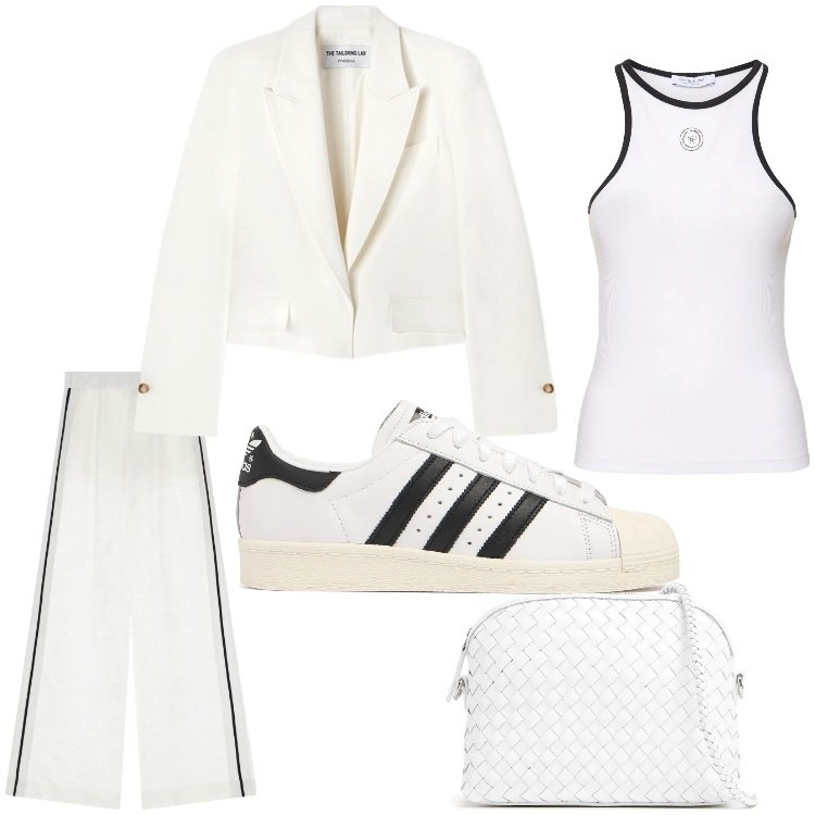 Outfit donna - Bianco e nero. Stile Sporty chic per Tutti i giorni. Abbinamento con pantaloni a palazzo, borse a spalla, canottiere, blazer, sneakers.