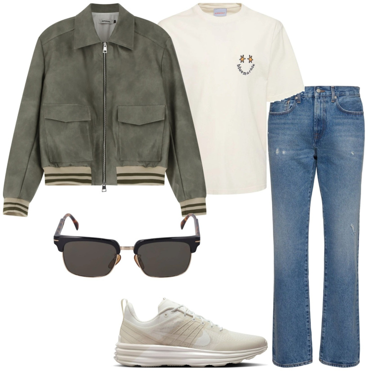Outfit uomo - Total look #2115000. Stile Casual per Tutti i giorni. Abbinamento con bomber, occhiali da sole, t-shirt, sneakers, jeans.
