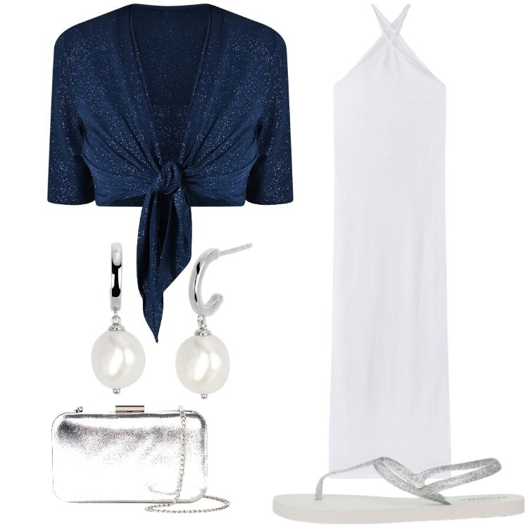 Outfit donna - Estate. Stile Casual chic per Serata fuori. Abbinamento con pochette, vestiti lunghi, sandali, orecchini, bolero.