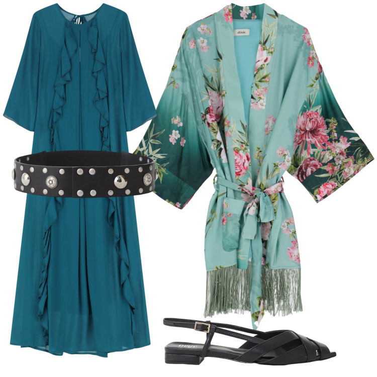 Outfit donna - Dixie boho. Stile Boho per Tutti i giorni. Abbinamento con vestiti lunghi, sandali, kimono, cinture.