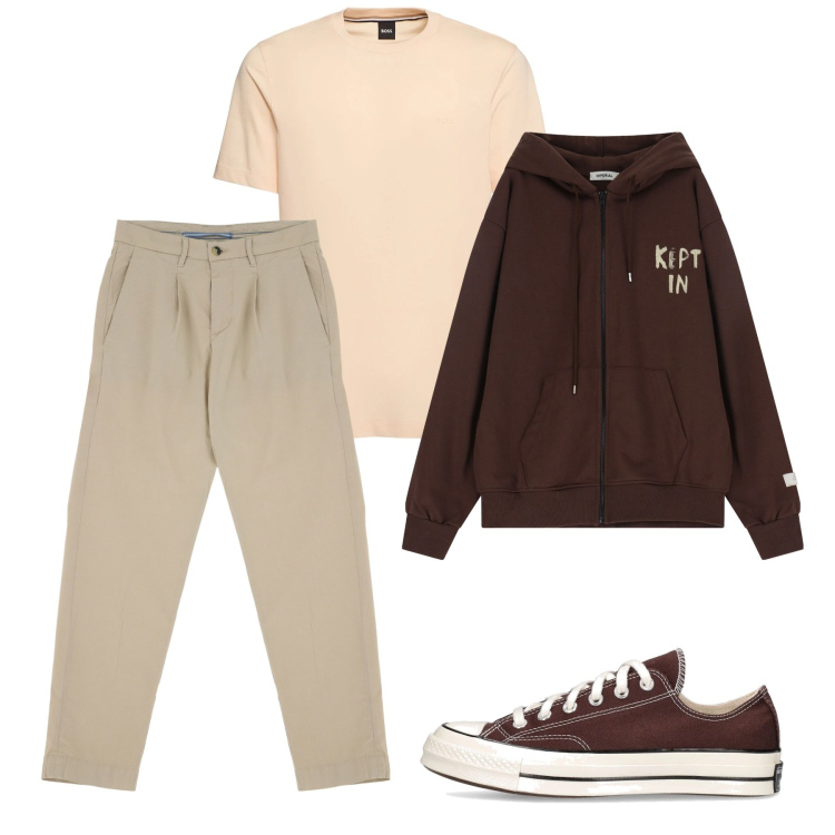 Outfit uomo - Total look. Stile Casual per Tutti i giorni. Abbinamento con pantaloni chino, felpe con cappuccio, sneakers, t-shirt.