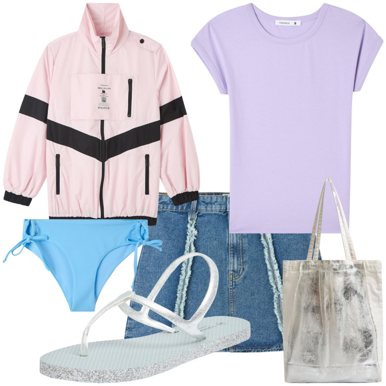Outfit donna - Verso il mare e il sole in Terranova. Stile Preppy per Mare. Abbinamento con t-shirt, sandali, minigonne, shopping bag, blazer, bikini.