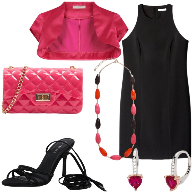 Outfit donna - Casual elegante. Stile Casual chic per Serata fuori. Abbinamento con borse a tracolla, sandali alla schiava, orecchini, bolero, vestiti corti, collane.