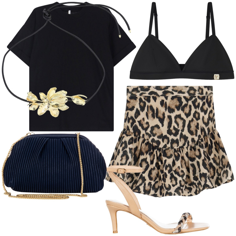Outfit donna - Appuntamento per aperitivo. Stile Glamour per Serata fuori. Abbinamento con sandali in pelle, pochette, t-shirt, minigonne, reggiseni, collane.