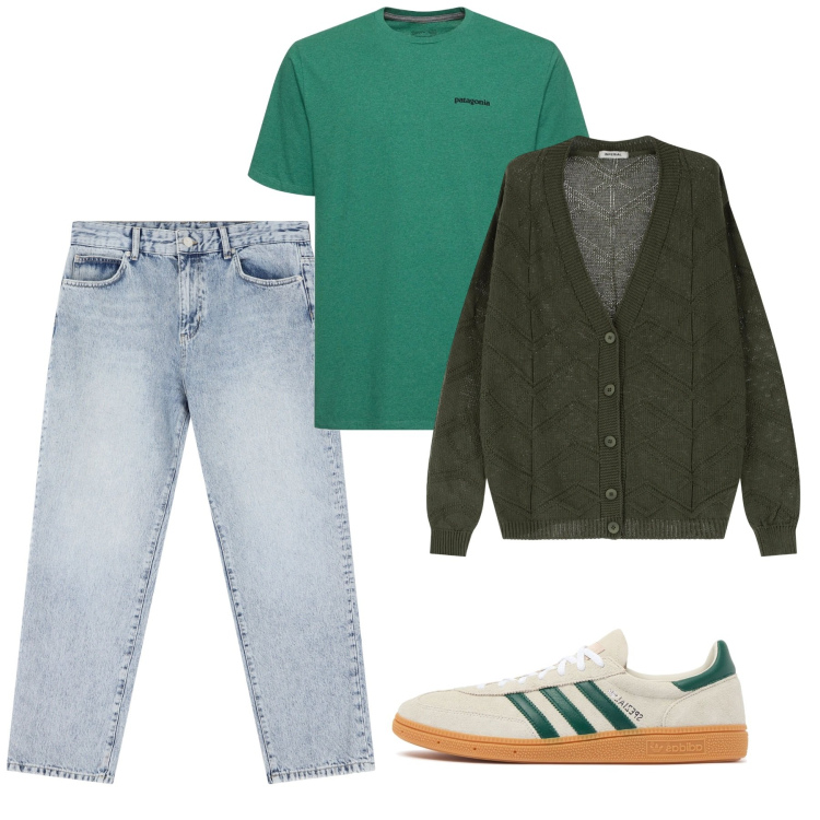 Outfit uomo - Total look. Stile Casual per Tutti i giorni. Abbinamento con cardigans, jeans dritti, t-shirt, sneakers.