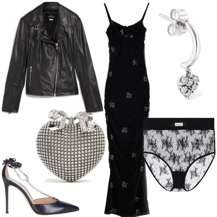 Outfit donna - Sirena romanticamente rock. Stile Glamour per Serata fuori. Abbinamento con blazer, décolleté, vestiti lunghi, slip, orecchini, pochette.