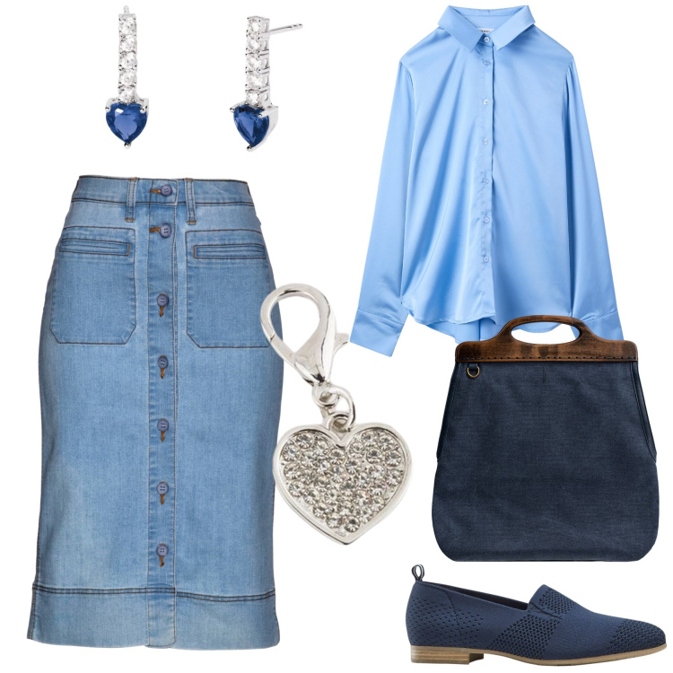 Outfit donna - Total look. Stile Trendy per Tutti i giorni. Abbinamento con gonne, mocassini, camicie, orecchini, portachiavi, borse a tracolla.