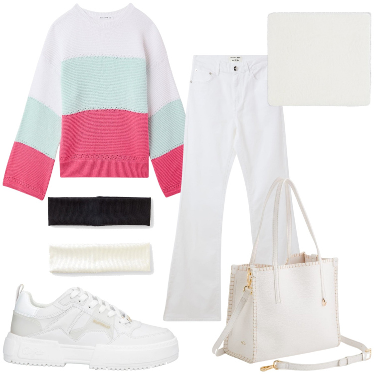 Outfit donna - Total look. Stile Casual chic per Tutti i giorni. Abbinamento con fasce per capelli, sneakers, jeans a zampa, maglieria, scaldacollo, borse a mano.