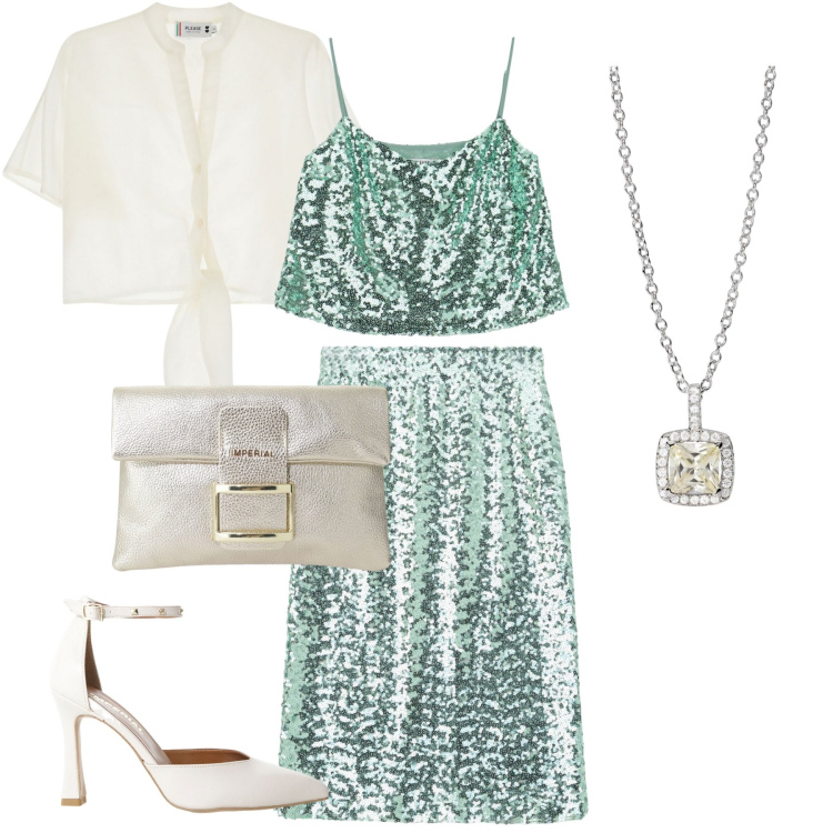 Outfit donna - Happy Family Party. Stile Romantica per Cerimonia. look ideale per Tall. Abbinamento con collane, gonne longuette, top, camicie a manica corta, pochette, décolleté.