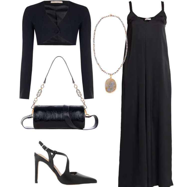 Outfit donna - In nero. Stile Chic per Serata fuori. Abbinamento con tute, décolleté, bolero, borse a mano, ciondoli.