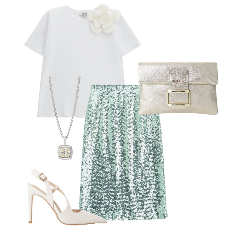 Outfit donna - Cerimonia Please. Stile Glamour per Cerimonia. Abbinamento con collane, gonne longuette, t-shirt, décolleté, pochette.