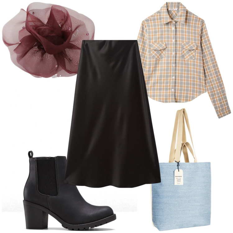 Outfit donna - Total look #2115047. Stile Trendy per Tutti i giorni. Abbinamento con stivaletti, gonne lunghe, camicie, borse tote, foulard.
