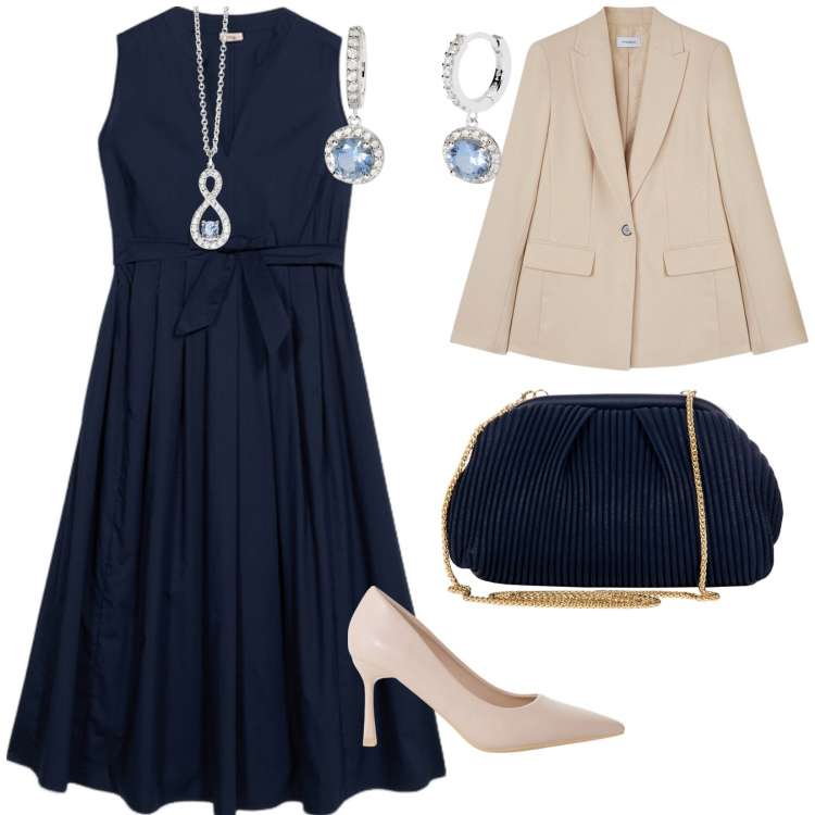 Outfit donna - Collana e orecchini per cerimonie. per Cerimonia. Abbinamento con pochette, ciondoli, orecchini, décolleté, blazer, vestiti midi/longuette.