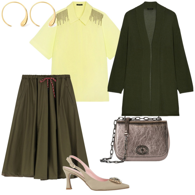 Outfit donna - Gonna e camicia a lavoro. per Ufficio. Abbinamento con décolleté, gonne longuette, camicie a manica corta, orecchini, cardigans, borse a tracolla.
