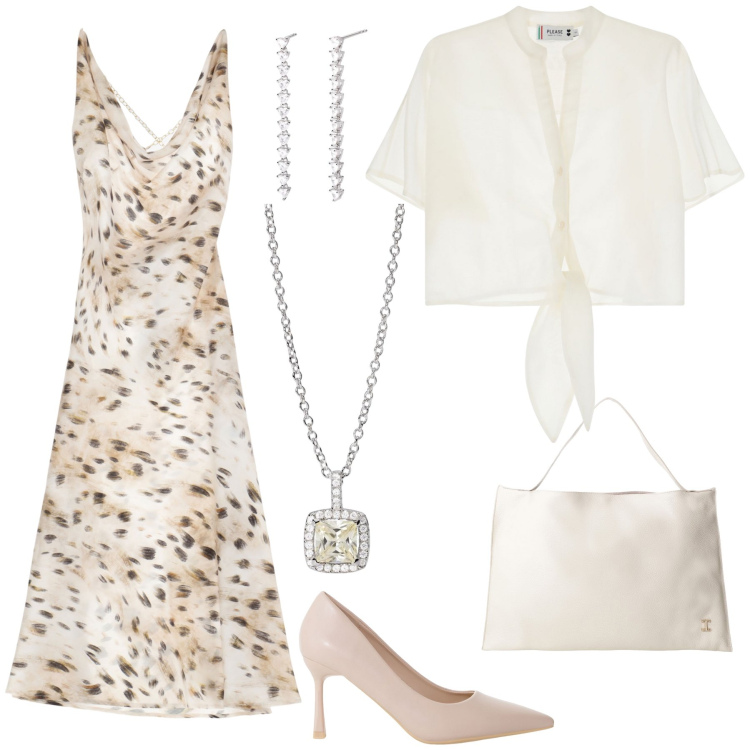 Outfit donna - Un abbraccio di seta. Stile Bon Ton per Cerimonia. Abbinamento con collane, orecchini, vestiti, camicie a manica corta, décolleté, borse a spalla.