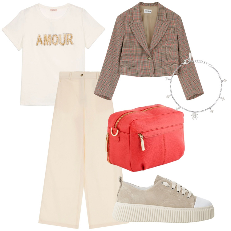 Outfit donna - Giacca cropped in viaggio. per Tutti i giorni. Abbinamento con sneakers, pantaloni, blazer, braccialetti con ciondoli, t-shirt, borse a tracolla.