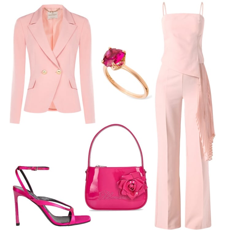 Outfit donna - Cerimonia. Stile Chic per Cerimonia. Abbinamento con sandali in pelle, tute, blazer, borse a mano, anelli.