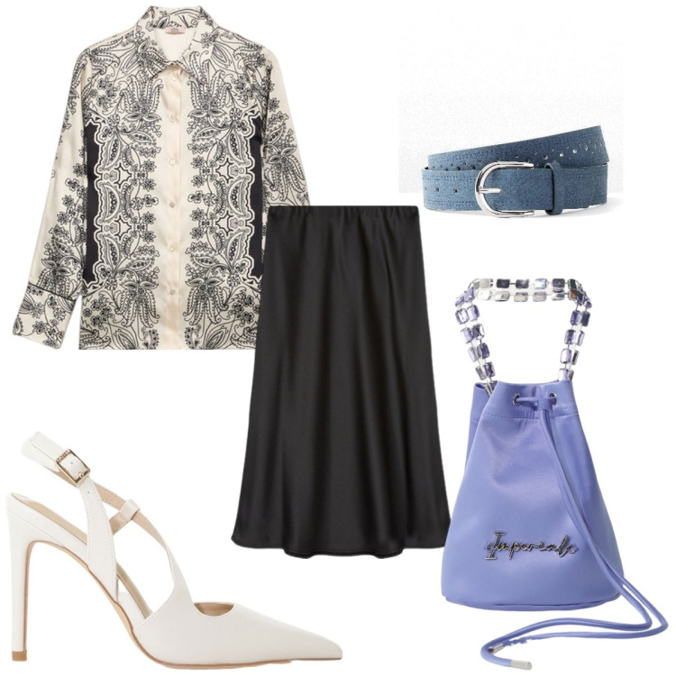 Outfit donna - Total look #2115065. Stile Trendy per Tutti i giorni. Abbinamento con cinture, borse a secchiello, décolleté, camicie, gonne longuette.
