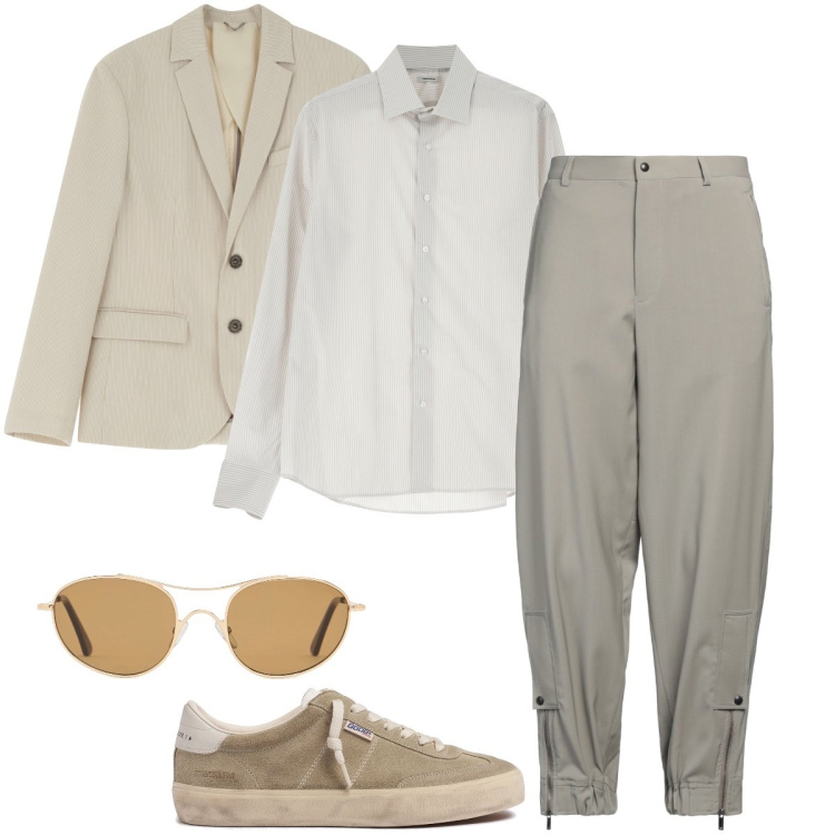 Outfit uomo - Layering primaverile. Stile Trendy per Cerimonia. Abbinamento con pantaloni, camicie, giacche, sneakers, occhiali da sole.