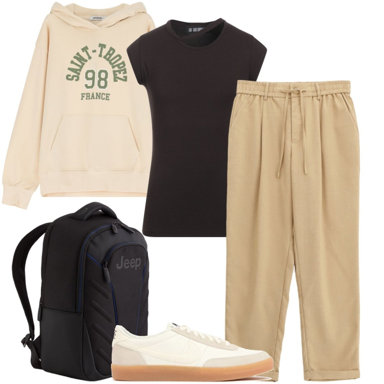Outfit uomo - Gita a Saint Tropez. Stile Urban per Tutti i giorni. Abbinamento con t-shirt, pantaloni, felpe con cappuccio, sneakers, borse sportive.