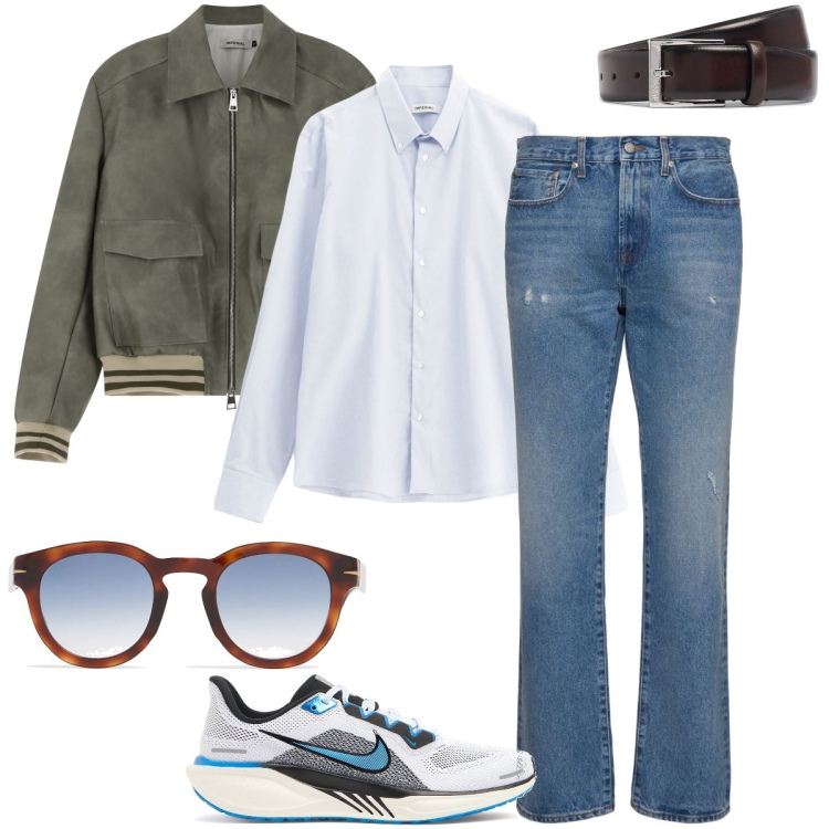Outfit uomo - In ufficio. Stile Urban per Ufficio. Abbinamento con bomber, camicie, occhiali da sole, cinture, jeans, sneakers.