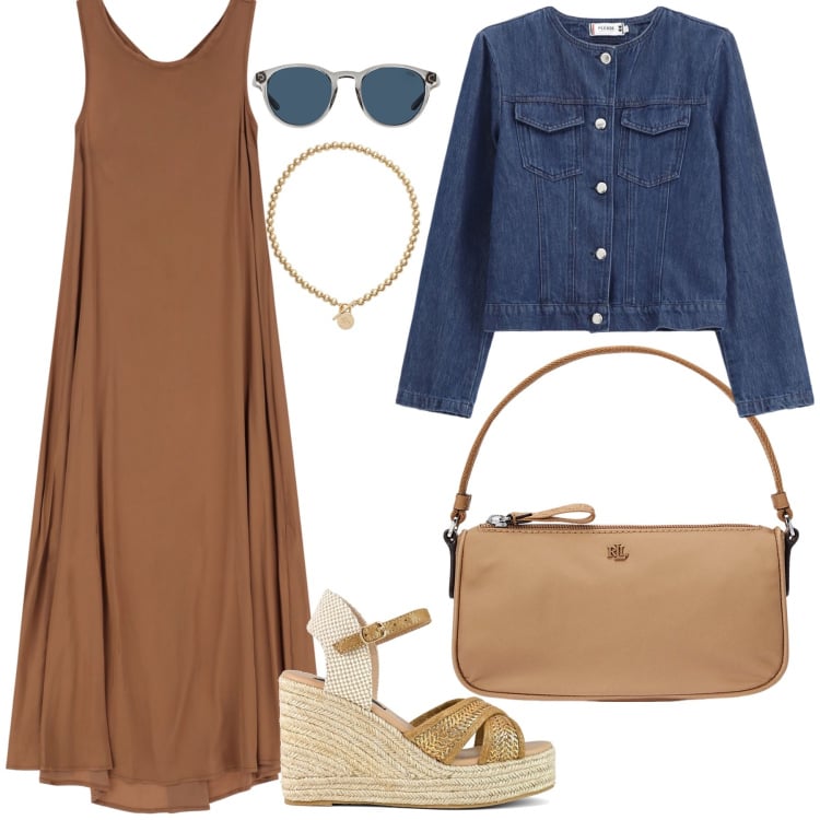 Outfit donna - Una giornata allegra. Stile Boho per Tutti i giorni. Abbinamento con vestiti lunghi, blazer, occhiali da sole, collane, pochette, zeppe.