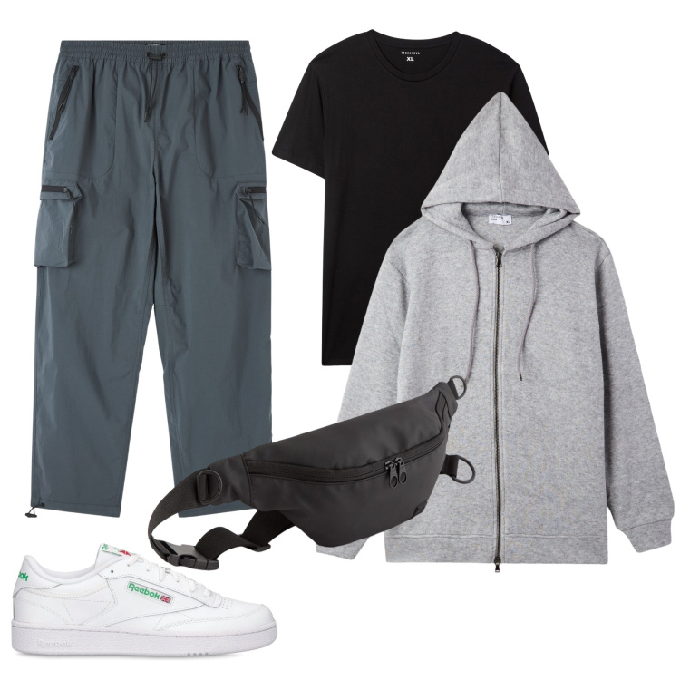 Outfit uomo - Improvvise variazioni climatiche. Stile Urban per Tutti i giorni. Abbinamento con pantaloni cargo, t-shirt, felpe, sneakers, borse sportive.