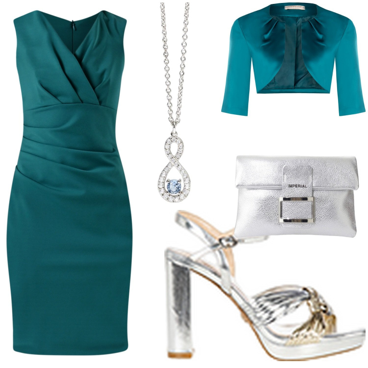 Outfit donna - Femminile in verde. Stile Chic per Cerimonia. Abbinamento con pochette, ciondoli, vestiti a tubino, bolero, sandali in pelle.
