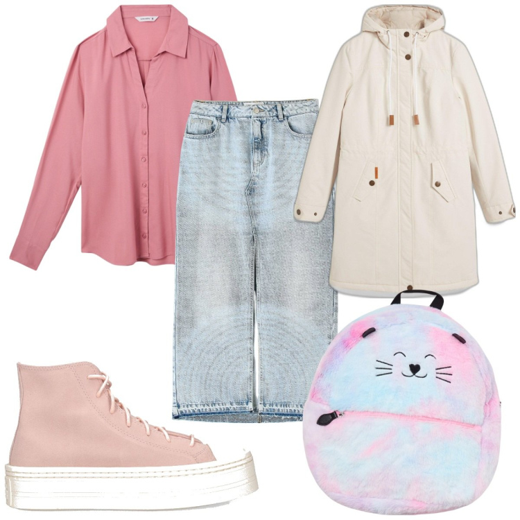 Outfit donna - Total look #2115081. Stile Trendy per Tutti i giorni. Abbinamento con blazer, gonne lunghe, zaini, camicie, sneakers.