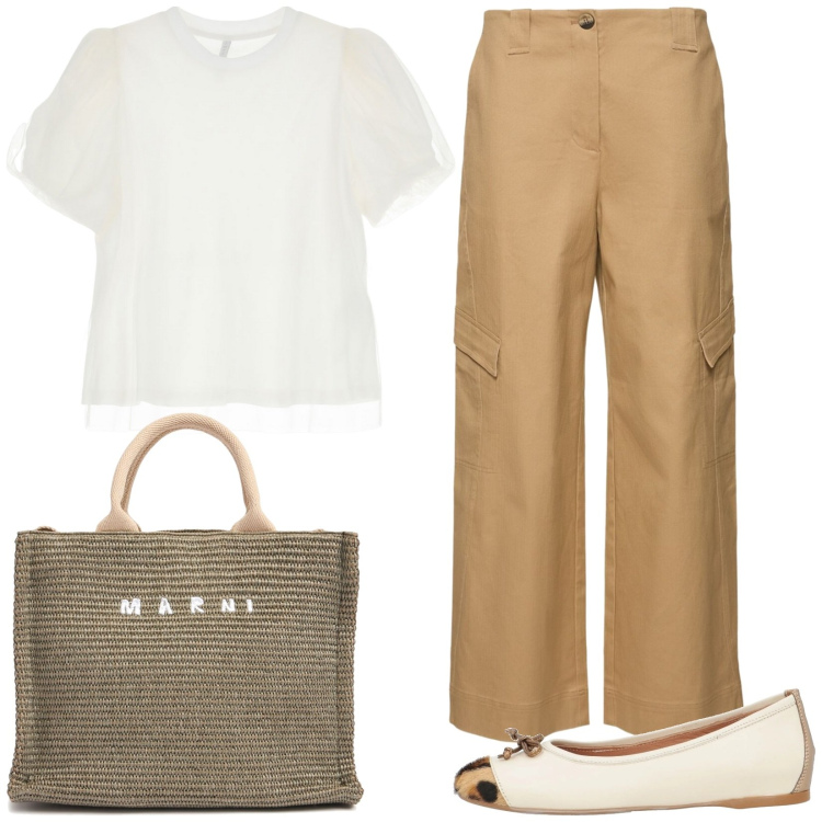 Outfit donna - Easy chic. Stile Casual chic per Tutti i giorni. Abbinamento con ballerine, t-shirt, shopping bag, pantaloni cargo.