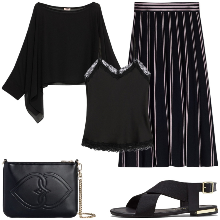 Outfit donna - Serata tra amiche. Stile Casual chic per Serata fuori. Abbinamento con sandali, gonne, bolero, top, pochette.